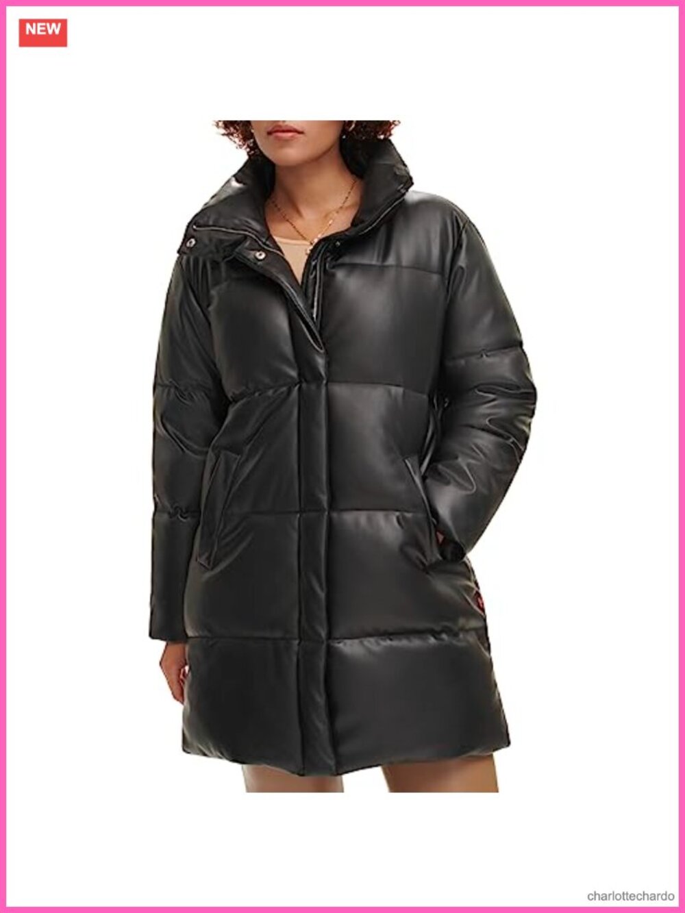 Faux Leather Mid-length Puffer Coat Quilted Long Sleeve